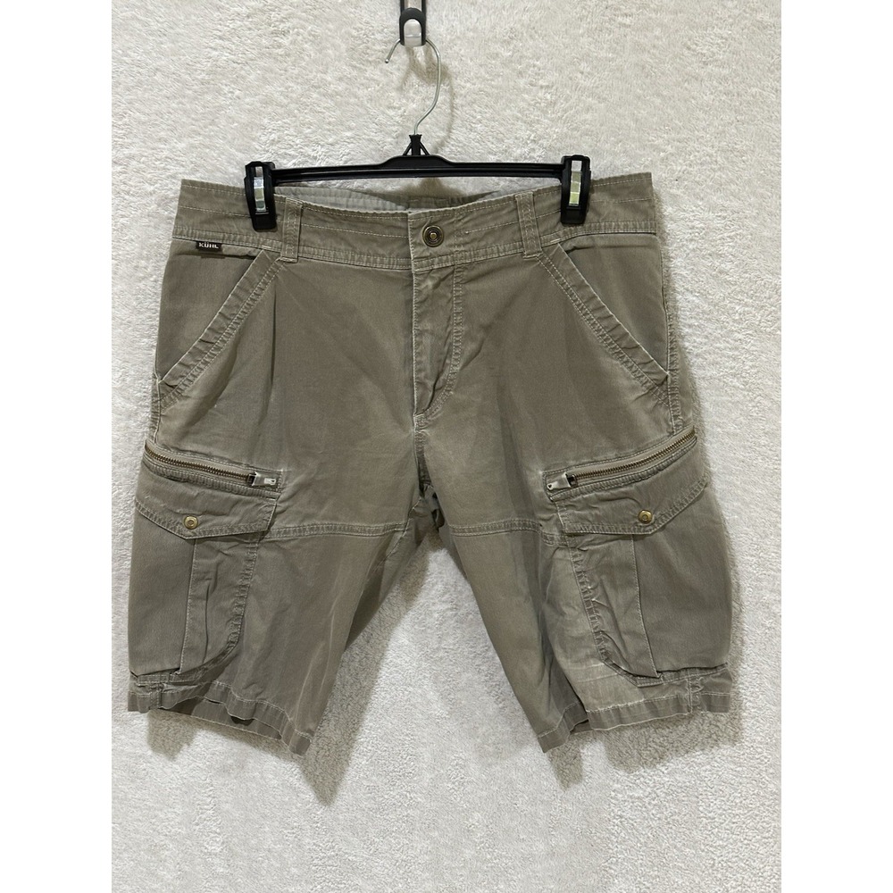 Kuhl Kourage Vintage Patina Dye Men Cargo Shorts 32 Brown/Green Outdoor Hiking